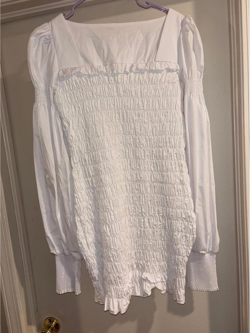 NWT Choosy White Smocked Mini Dress Large Cottagecore Puff Sleeve | Stretch Fit - Picture 5 of 6